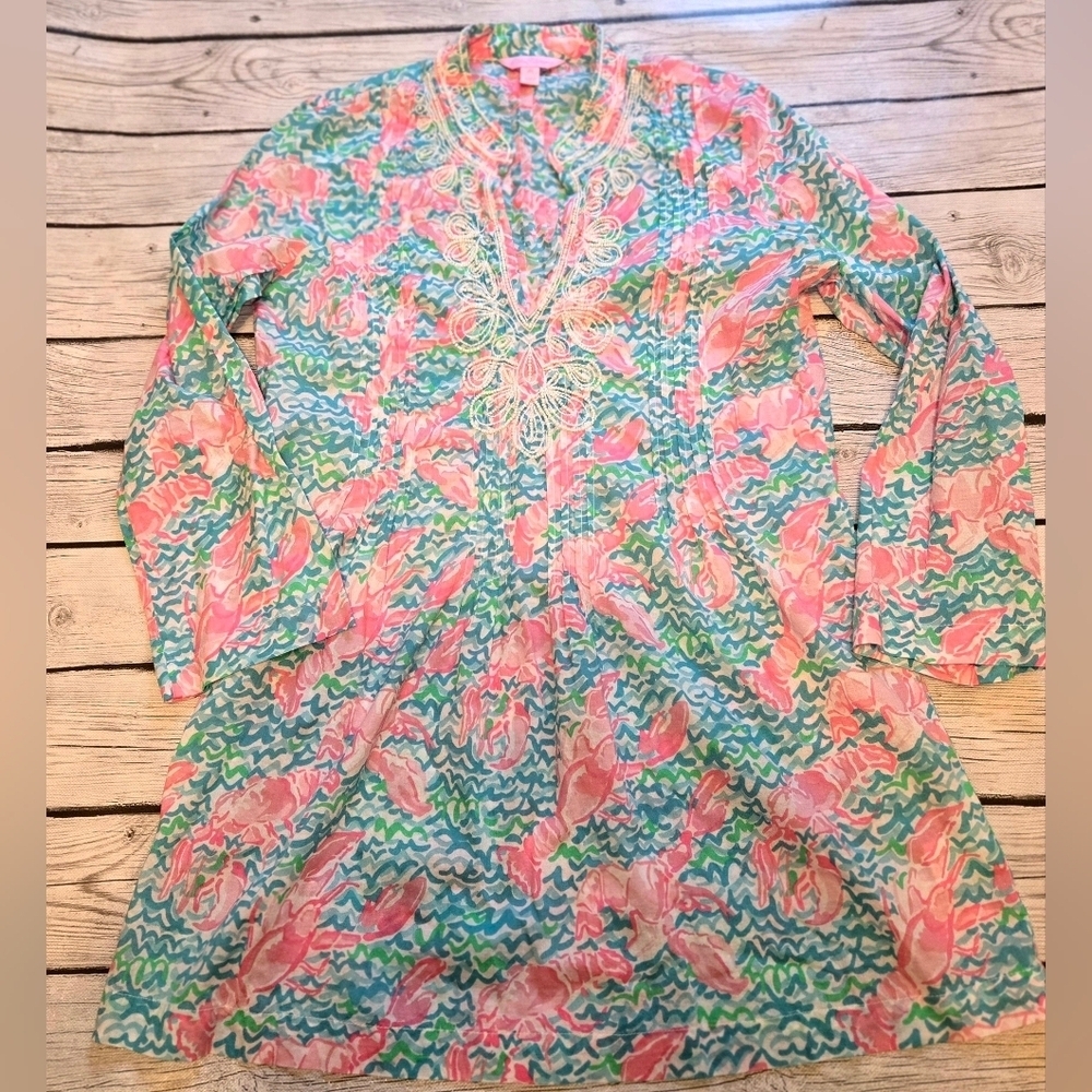 Lily Pulitzer Sarasota Beaded Tunic Blouse in Lobstah Roll Size XS - Picture 2 of 7